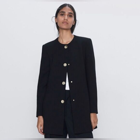 Zara black frock coat collarless blazer with gold buttons sz small - Picture 3 of 12